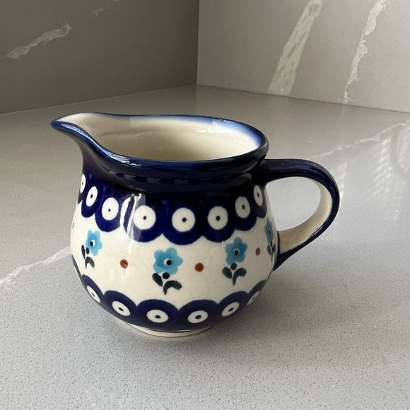 Boleslawiec Small Milk Creamer Pitcher Blue Pottery Floral Handmade In Poland E9 - Picture 3 of 10